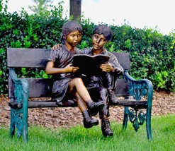 Bronze Boy and Girl Sitting on Bench Reading Book Sculpture - £7,794.17 GBP
