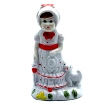 Vintage Girl Figurine with Puppy Dog Red White Polka Dot Dress 4.5 inches - £7.77 GBP