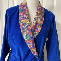 Vintage Robe Evelyn Pearson Corduroy Sz M Long Tie Belt Blue Colorful Co... - $48.88