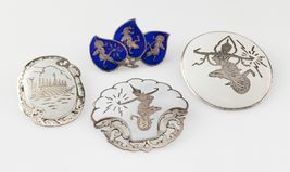 Gorgeous Sterling Silver Siam Niello Enamel Brooch Set of 4 - $380.93