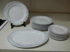 Gibson Stoneware Dinnerware Blue W Pink Flowers 16 Plates and Platter - $97.90