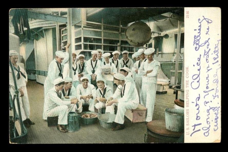Vintage 1907 UDB Postcard US Military Navy Sailors KP Duty Helping the Cook - $12.86