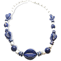 Vintage Chunky Cobalt Blue Gray Beaded Necklace Signed Japan 26&quot; L - £7.02 GBP