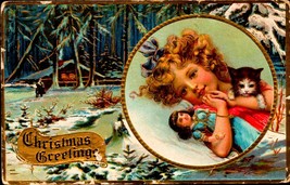 Vintage Gold Embossed POSTCARD-CHRISTMAS Greetings,Girl Holding Kitten&amp;Doll BKC2 - £4.28 GBP