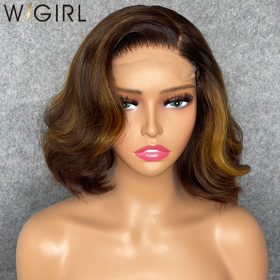 Rt bob wigs blonde highlight shoulder length body wave lace front human hair wigs short thumb200
