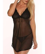 Black Sheer Lace-Accent Babydoll &amp; G-String - £19.48 GBP