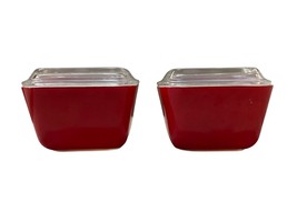 Vintage Pyrex Refrigerator Dishes Red Used Small Square Set of 2 Some Wear - £30.63 GBP