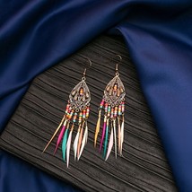Golden Silver Color Ethnic Acrylic Rainbow Beads Feather Drop Earrings for Women - £7.38 GBP