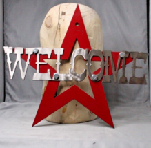 Steel Handcrafted Welcome Sign with Red Star Heavy Duty 11&quot; Tall Hangable - £19.08 GBP