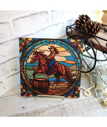 Barrel Racing Horse Cowgirl Picture Stained Glass Style Mural Rodeo Picture - $93.29 CAD