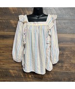 Chaps Top Women&#39;s Sm Petite Pink Blue Stripe Ruffled Beachy Coastal Ligh... - $25.33 CAD
