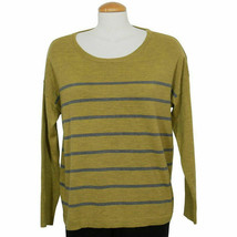 Eileen Fisher Peridot Green Gray Stripe Merino Jersey Boxy Sweater M - £95.61 GBP