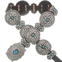 Native Navajo Lrg Turquoise Concho Belt Antiqued Stamped Silver Santa Fe Style - £888.28 GBP