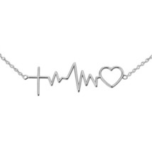 14k Solid White Gold Heart Beat Heartbeat with Cross Pendant Necklace - £172.56 GBP+