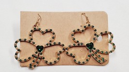 2&quot; Gold Tone Green Clover Shamrock Heart Rhinestone Earrings French Hook - £6.31 GBP