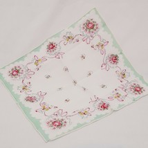 Handkerchief Flower Bouquet  10&quot;  White Green Pink Ribbon Candy Dish Floral  - £11.76 GBP