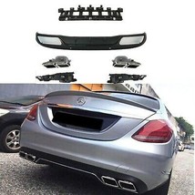 C63 Style Rear Diffuser &amp; Dual Exhaust Tips for Mercedes C W205 Base Sed... - £205.12 GBP