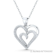 Double-Heart CZ Crystal Love Charm .925 Sterling Silver Rhodium Necklace Pendant - £11.83 GBP+