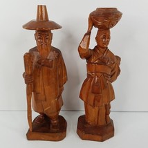 Asian Couple Hand Carved Wood 8.5&quot; Figurines Man Woman Child Vintage 80s Korea - £39.13 GBP