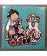 Tile Teissedre American Indian Woman Folk Art 6&quot; x 6&quot; Turquoise &amp; Red Tr... - £11.71 GBP