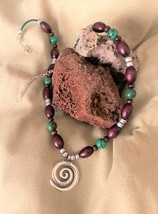 Silver Spiral Pendant With Vibrant Green Turquoise Stone/Warm Brown Wood Accents - £22.81 GBP