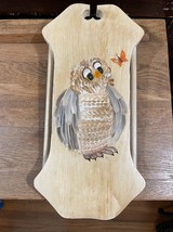 Handpainted Wood Brown Grey Chubby Owl and Orange Butterfly Plaque Wall Hanging - £11.61 GBP