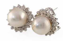 14k or Blanc Du Sud Mer Perle de Culture Boucles Clous W/Diamants Biseau &amp; Cert - $3,742.30