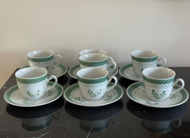 Royal Copenhagen Tranquebar Green Flat Cups and Saucers Set of 6 + 1 Cup - £196.46 GBP