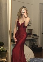 Mermaid V Neck Cross Back Burgundy Satin Long Prom Dresses - £102.81 GBP