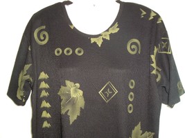 Vtg Style Mode USA Womens Blouse Short Sleeve Black Squirrel Geo Print SZ L - £15.05 GBP