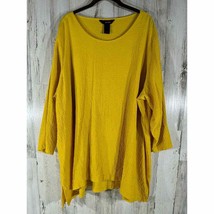 Ali Miles Tunic Blouse Yellow Crinkle Black Button Open Shoulder Accents 3X - £22.11 GBP