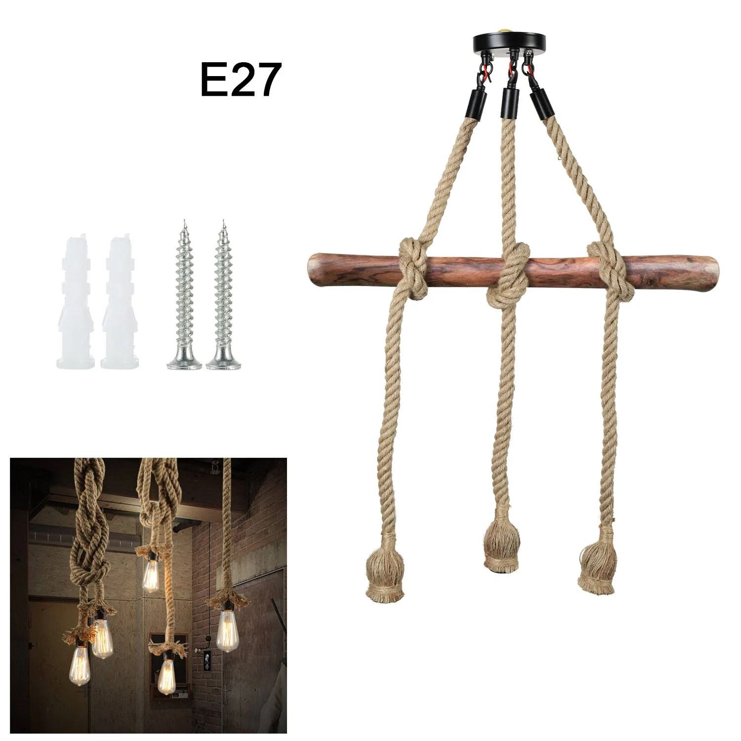 1M Industrial Chandeliers E27 3Head LED Retro Hemp Rope Ceiling Lamps Wi... - $24.93