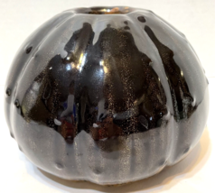 Vintage Fall Pottery Pumpkin Shape Dark Brown Drip Glazed Vase Planter 4... - $22.50