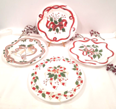 Set of 4 SONOMA LIFESTYLE Holiday Holly Red Ribbon Bells Plates 8in.  EUC - £17.13 GBP