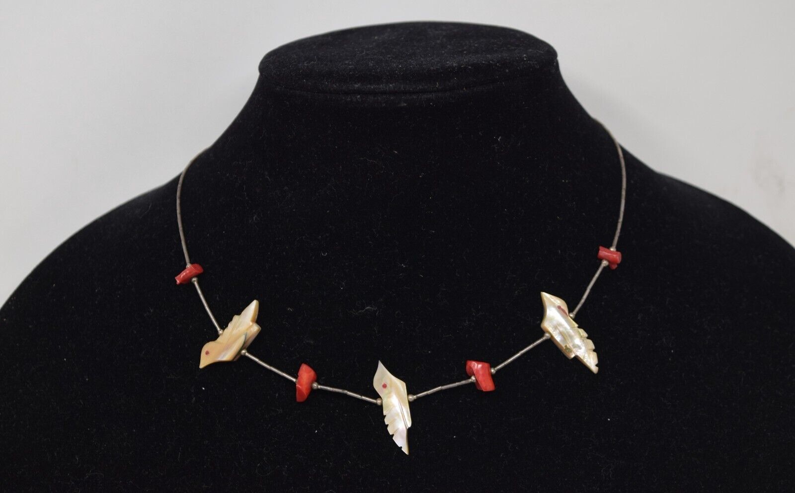Primary image for Native American Sterling Fetish Mother of Pearl & Coral Birds Liquid Silver Neck