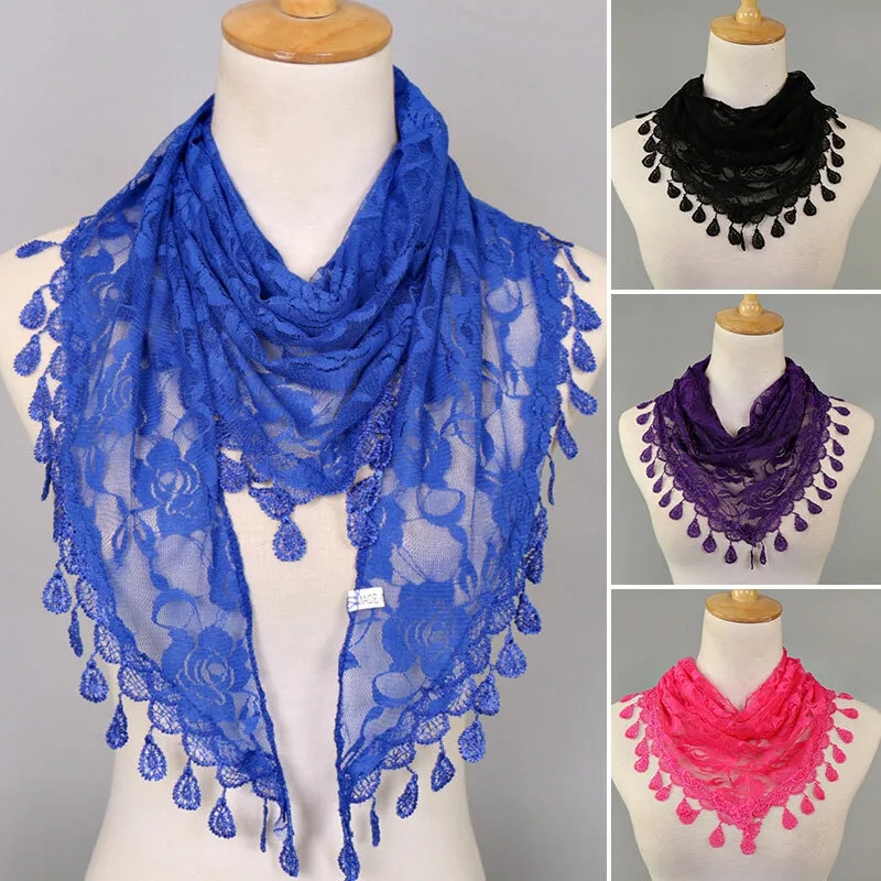 Floral Soft Scarf Triangle Lace Elegant Women Tassel Scarves Wrap Shawl ... - £10.39 GBP