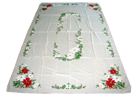 Christmas Tablecloth Cover Poinsettia Holly Extra Large Holiday Linen 8 ... - £7.74 GBP
