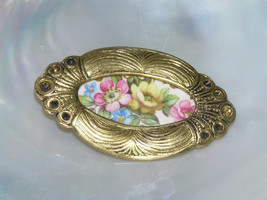 Vintage Handcrafted Broken Porcelain Pink &amp; Yellow Flower in Etched Goldtone - £12.40 GBP