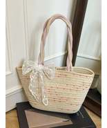 Woven Straw Shoulder Bag with Lace Bow Detail - $29.45 CAD