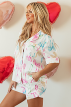 White Bowknot Print Buttoned Shirt High Waist Shorts Pajama Set - $25.43