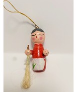Vintage 1960s Japan Christmas Ornament Wife Broom 1.5&quot; Handmade Hand Pai... - $27.32 CAD