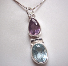 Faceted Amethyst and Blue Topaz Teardrop Double Gem 925 Sterling Silver Necklace - £16.53 GBP
