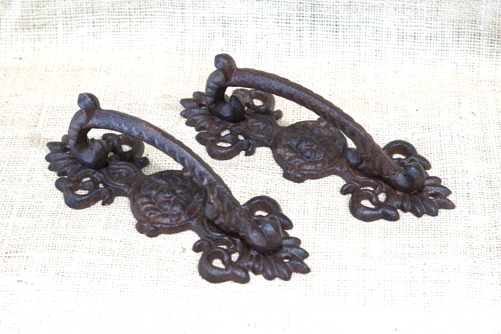 Primary image for 2 LARGE HANDLES RUSTIC CAST IRON BARN DOOR HANDLES SHED GATE PULLS FANCY 8 1/2"