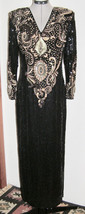 Vintage 1990’s Oleg Cassini Black Tie / Pagent Long Silk Gown w/ Sequins + Beads - £78.16 GBP