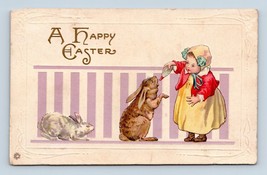 Adorable Scene Girl Fieeding Bunnies w Bottle Happy Easter UNP DB Postcard K14 - £3.50 GBP