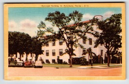 St. Petersburg Municipal Building Old Cars Florida Postcard Linen Unused Dexter - £9.83 GBP