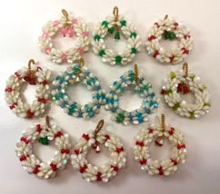 Vintage Lot 10 Beaded Red Green White Blue Pink Wreath Christmas Tree Ornaments - £39.34 GBP