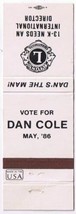 Matchbook Cover Lions Club International Vote For Dan Cole - £0.56 GBP