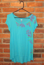 Gently Used Hand Painted Abstract Floral Turquoise Women&#39;s Hi-lo Top Size M - £23.98 GBP