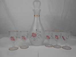 Vintage Frosted Satin Glass Butterfly +Flowers 6-Piece Gem Decanter - $34.25
